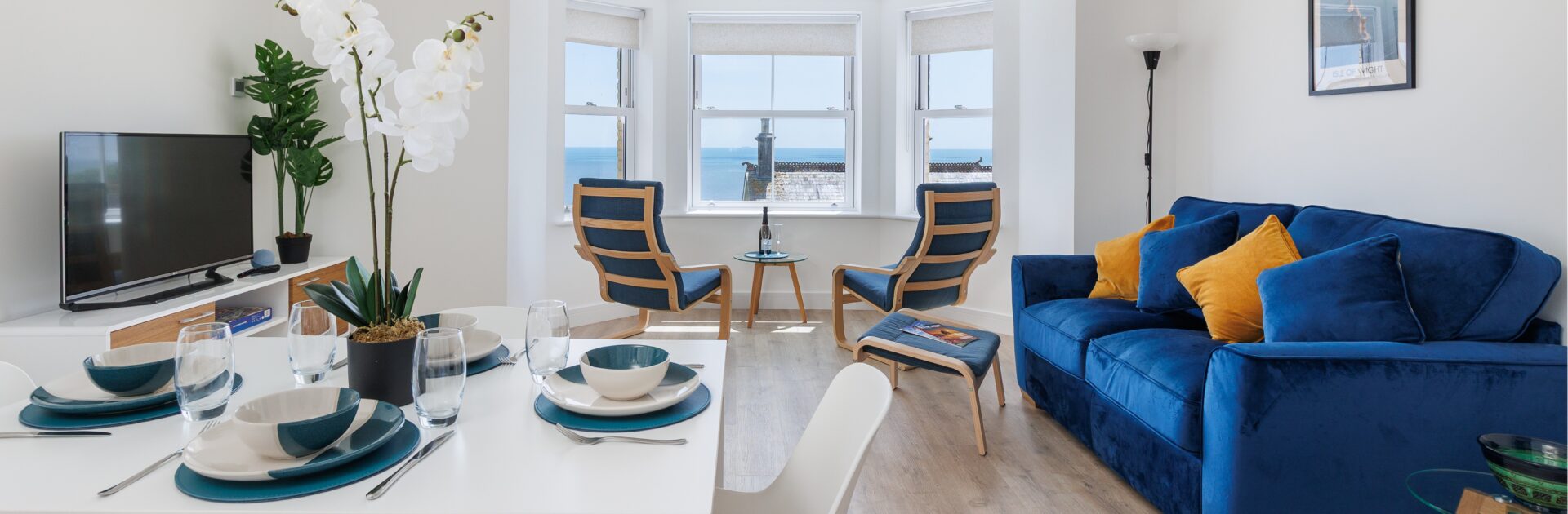 Coastal sea views from the living room of Beaumont holiday accommodation in Ventnor during July on the Isle of Wight.