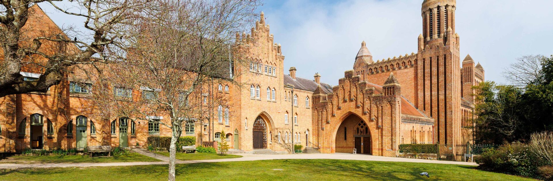 Quarr Abbey grounds near our dog-friendly Isle of Wight holiday cottage, perfect for peaceful morning walks.