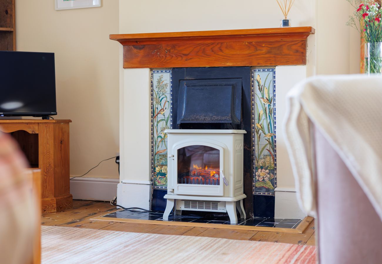 Cosy electric log effect fire in the characterful living room at Moon Chine Cottage.