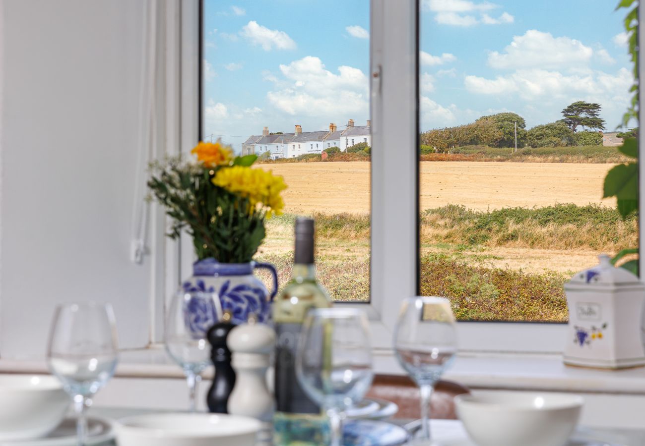 Kitchen diner at Moon Chine Cottage with beautiful countryside views on the Isle of Wight.