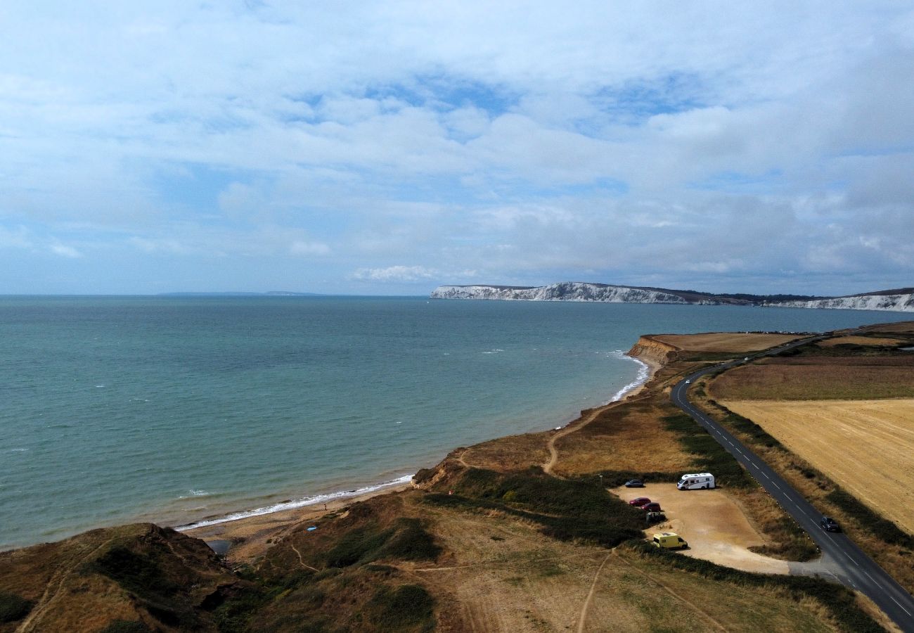 Aerial coastal view of Military Road and the surrounding coastline on the Isle of Wight.