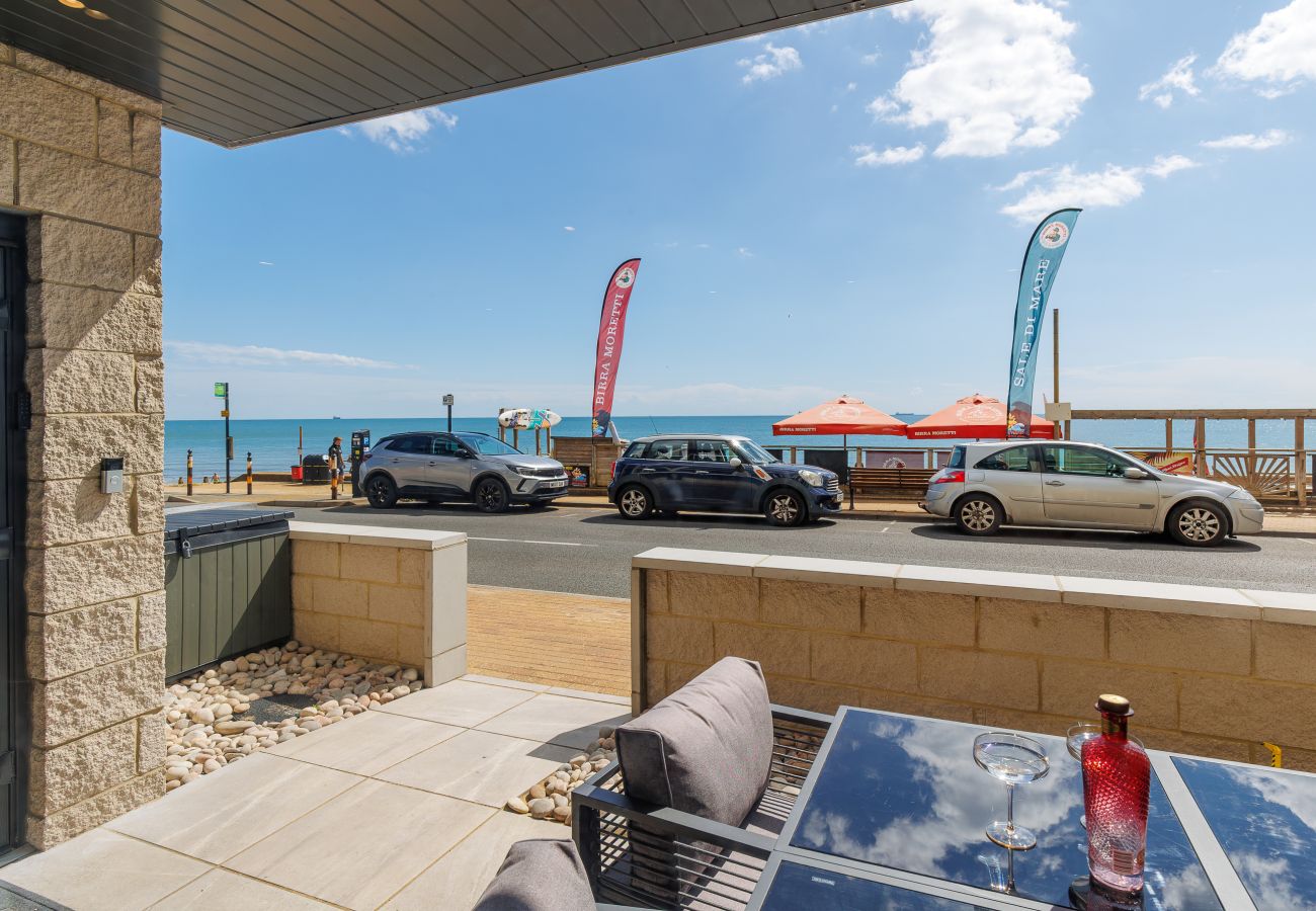 Sea views from the outside seating area at Hummingbird ground-floor apartment on Sandown seafront.